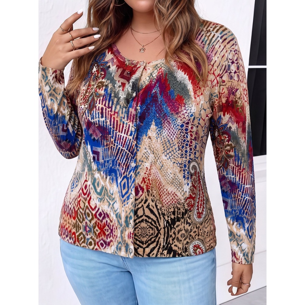 Prima Bella Cardigan Sweater Womens Medium Multicolor Embellished Paisley Print